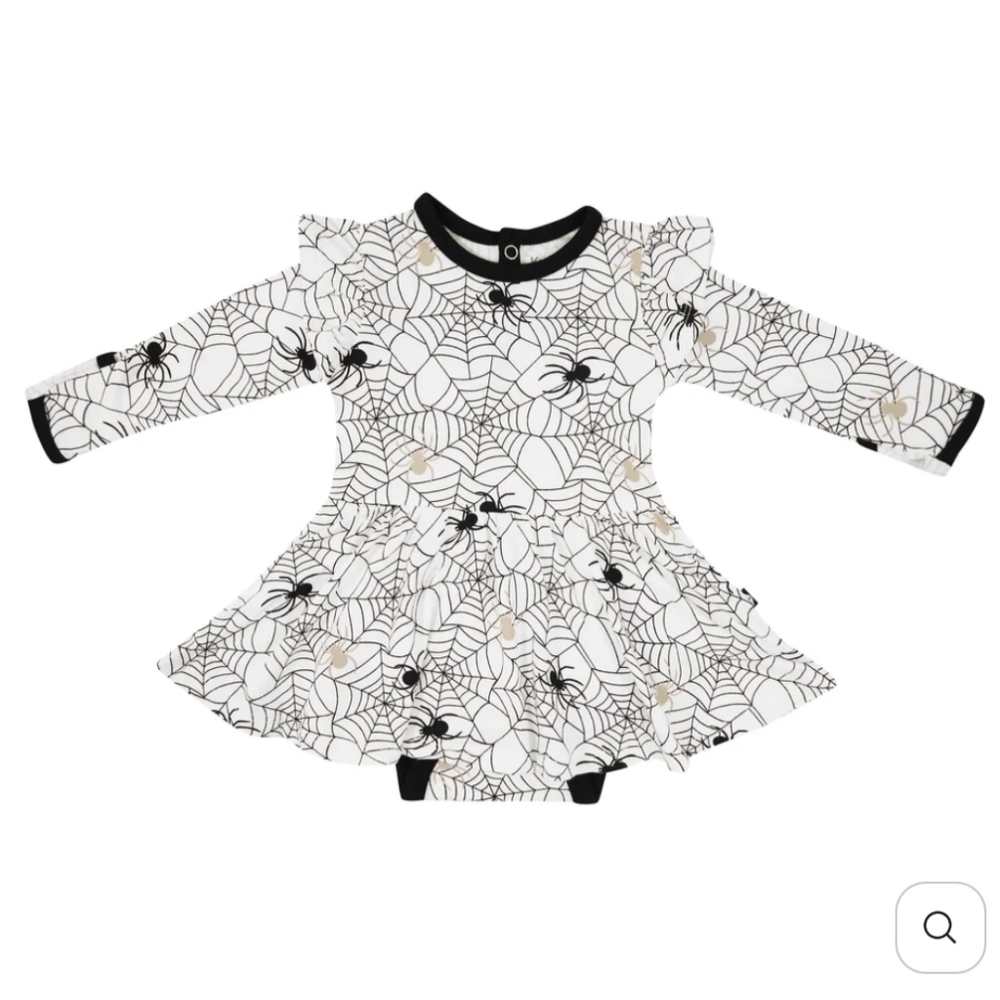 NIB HALLOWEEN KYTE KYTE, Long Sleeve Twirl Bodysuit Dress in Spider, 12-18mo